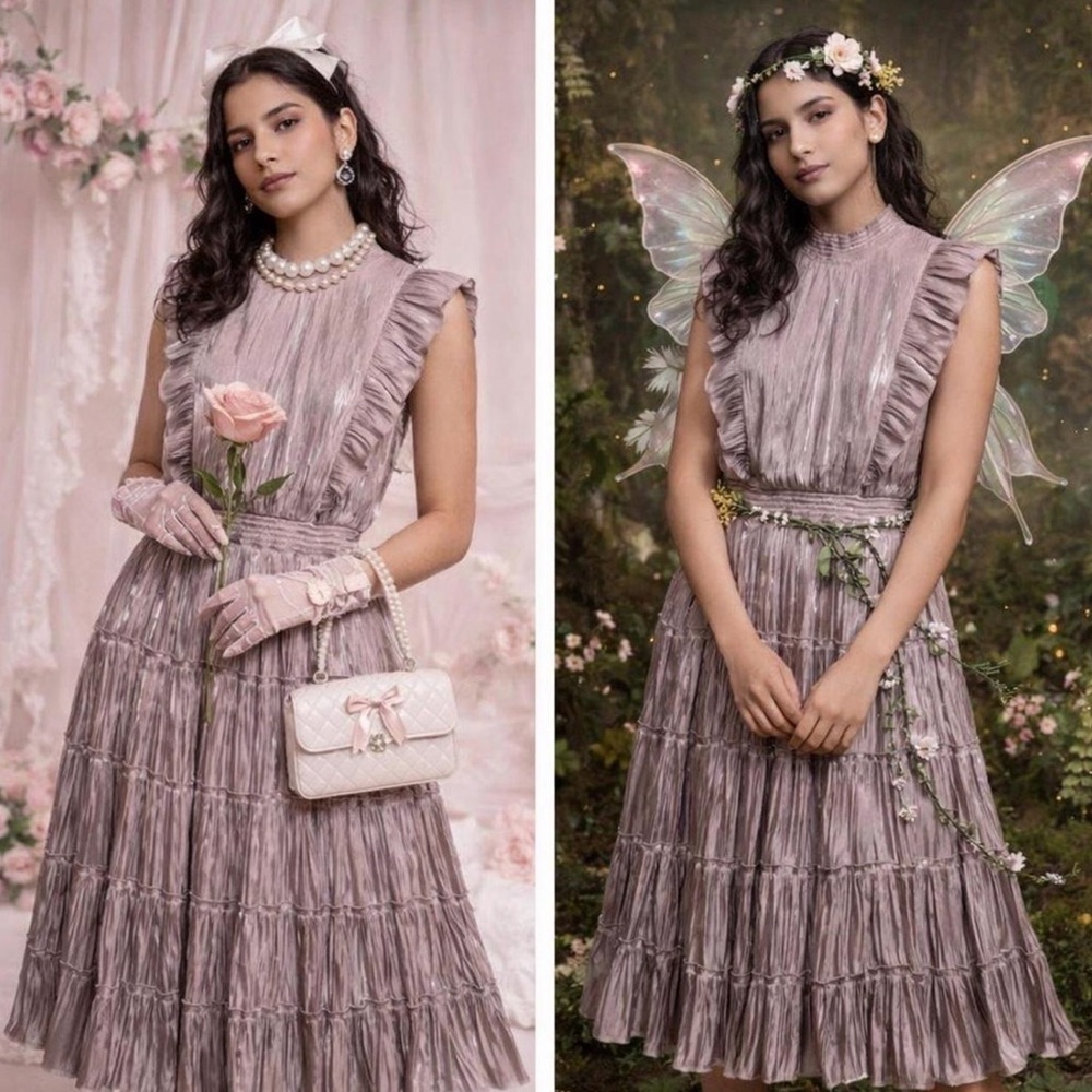 Lulus Metallic Pleated Ruffle Midi Dress Taupe Shimmer Sz S Fairy Coquette Party